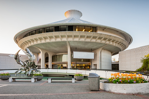 The front of H. R. MacMillan Space Centre astronomy museum in Vancouver, British Columbia, Canada at sunset.