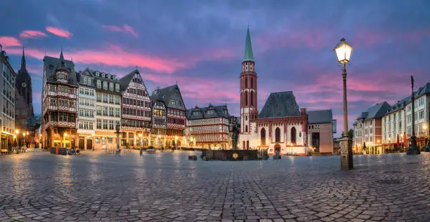 Frankfurt, Germany. Panorama of Romerberg - historic market square with german timber houses at dusk