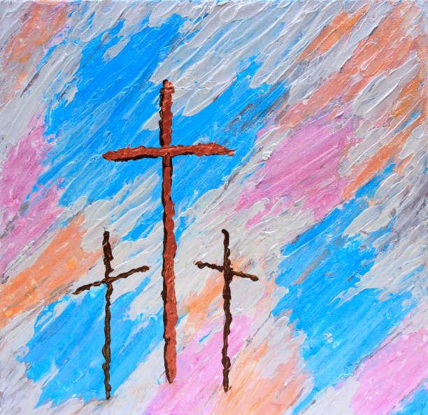 istock Abstract painting of 3 Christian Crosses on textured background 1284793282