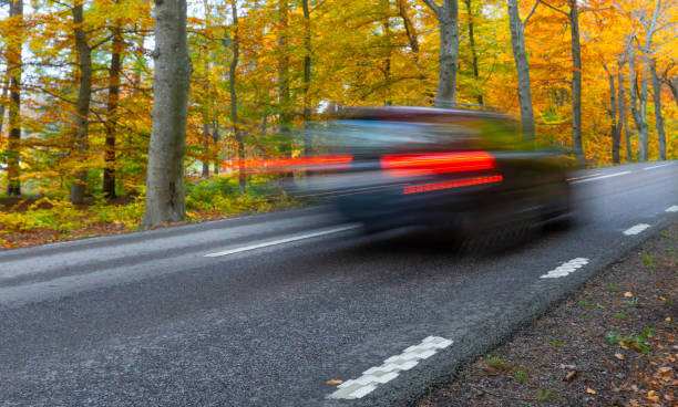 istock Car in blurred motion in forest in autumn 1284793992