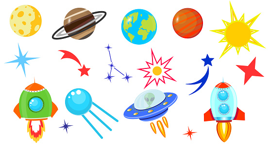  Ilustración de Cohete De Dibujos Animados Nave Espacial En El Espacio Entre Las Estrellas Planeta Tierra Y Luna Marte Júpiter Luna Ovni Marco Espacial Simple De Los Niños Constelación De La Galaxia