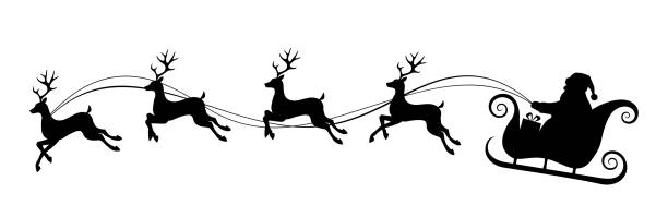 ilustrações, clipart, desenhos animados e ícones de papai noel montando trenó puxado por renas. ilustração em preto e branco do vetor natal. - papai noel