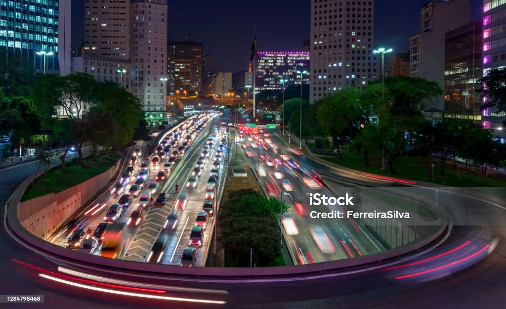 Night view from a bridge in Sao Paulo downtown Sao Paulo city, Sao Paulo state, Brazil City Stock Photo