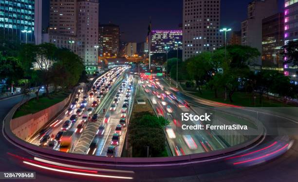 Night View From A Bridge In Sao Paulo Downtown Stock Photo - Download Image Now - City, Traffic, São Paulo