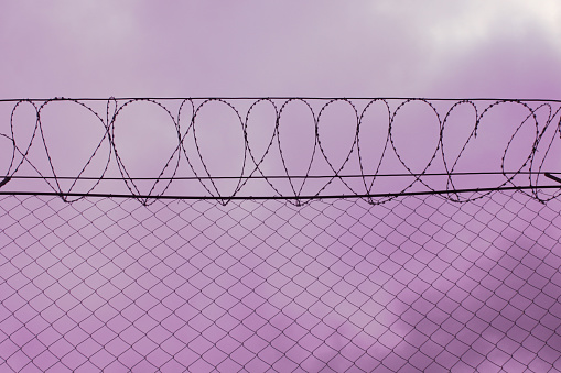 Security Fence used at a Prison Facility, barbed wire, secure facility, prison, in the pink sky