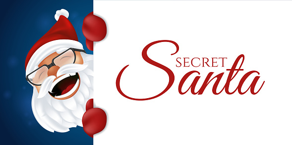 Funny Cartoon Santa Claus In Red Hat Gloves And Glasses Laughing Christmas  Character In Traditional Costume Peeking From Behind A Sign With The Secret  Santa Lettering Isolated On A White Background Stock