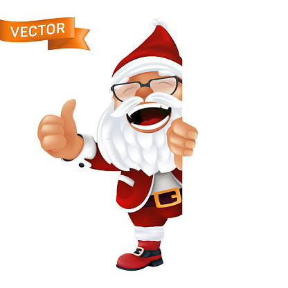 Funny Cartoon Santa Claus In A Red Hat And Glasses Laughing And Smiling  Christmas Character In Traditional Costume Peeking From The Corner Or A  Sign And Thumbs Up Isolated On A White