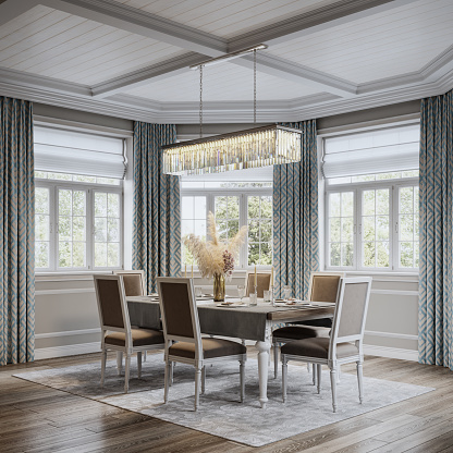 Dining table in a beautiful living room area in a large house, image generated digitally