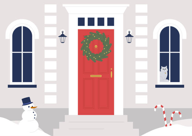 illustrations, cliparts, dessins animés et icônes de une entrée décorée de bâtiment, une couronne de noël sur la porte, les vacances d’hiver - flower snow winter close up