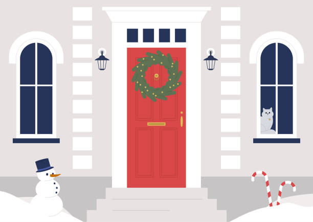 A decorated building entrance, a Christmas wreath on the door, winter holidays A decorated building entrance, a Christmas wreath on the door, winter holidays facade stock illustrations