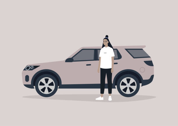 ilustraciones, imágenes clip art, dibujos animados e iconos de stock de una joven mujer asiática de pie frente a su coche deportivo suv, estilo de vida urbano - car speed lifestyles night