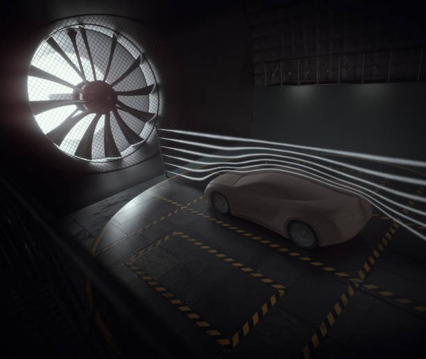 Imaginary sports car, modeled and created using CAD software. Conceptual prototype inside aerodynamic tunnel.