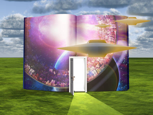 istock Book with opened door and flying saucers 1284808188