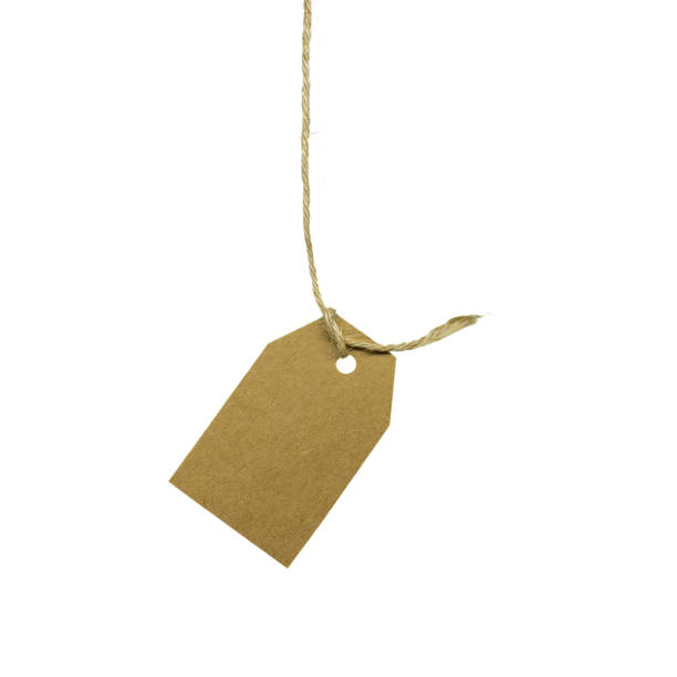 istock Cardboard price tag hanging on rope isolated on white background 1284808466