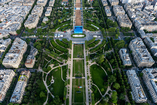 Aerial view of Champ de Mars from the Eiffel Tower in Paris, France. Wide angle shot of the Champ de Mars.