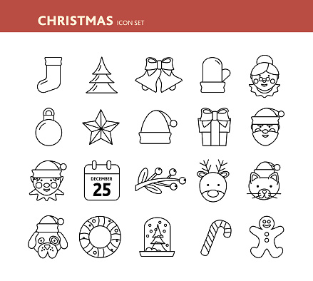 A vector illustration of a flat design style Christmas icon set. Christmas clip art. Holiday decoration symbol. Simple Holiday season graphics. Single Christmas art element. Easy to edit. Download includes vector eps 10 and high resolution jpg.