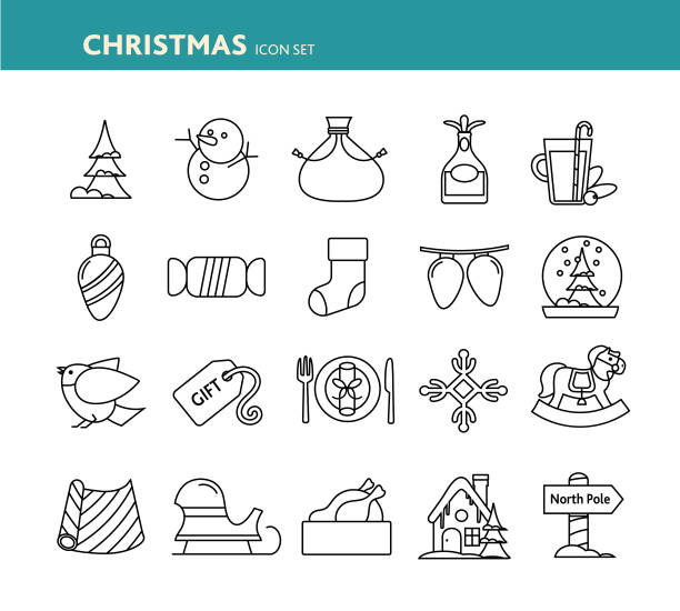 ilustraciones, imágenes clip art, dibujos animados e iconos de stock de conjunto de iconos de diseño plano de navidad - wrapping paper christmas gift snowman