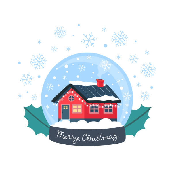 Snow globe, cute winter house with festive garlands, vector illustration in flat style Snow globe, cute winter house with festive garlands, vector illustration in flat style snowing illustrations stock illustrations