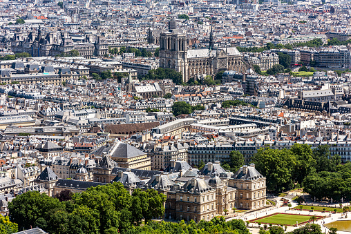 Aerial view of the Luxembourg gardens with Notre Dame Cathedral together - Paris, France.