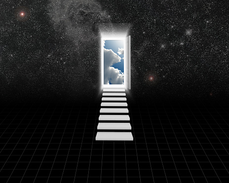 Opening door to another world. 3D rendering