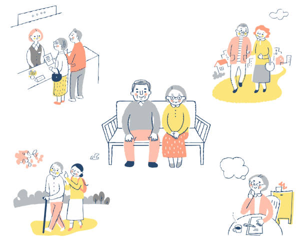 A set of life scenes for various elderly people People, seniors, symptoms, Japanese, lifestyle senior adult illustrations stock illustrations