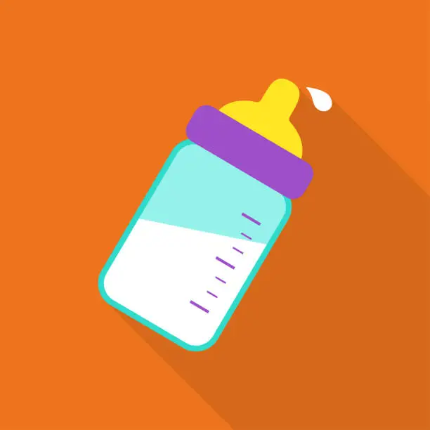 Vector illustration of Baby milk bottle. Isolated on orange background. Vector flat illustration.