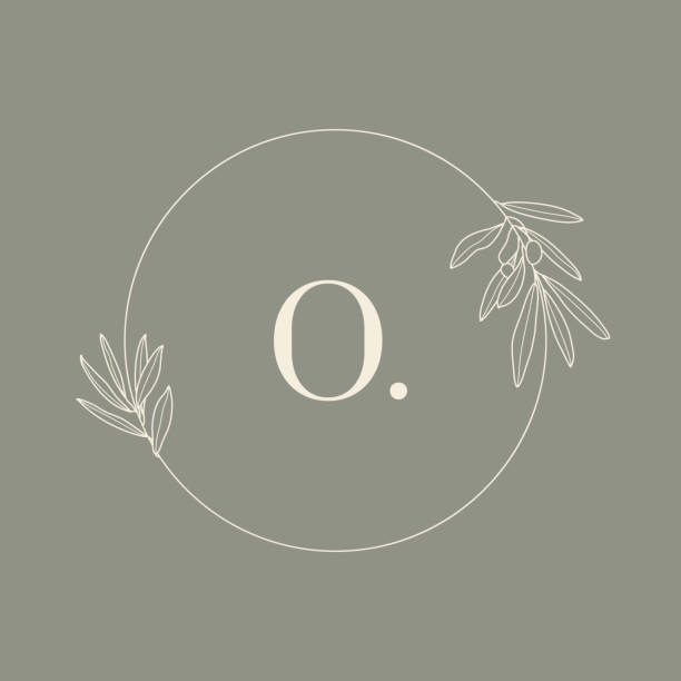 Round Floral frame with the Letter O. Wedding Monogram with Olive Branch in Modern Minimal Liner Style. Vector Round Floral frame with the Letter O. Wedding Monogram with Olive Branch in Modern Minimal Liner Style. Vector template for Invitation Cards, Save the Date. Botanical illustration postage stamp illustrations stock illustrations