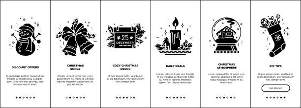 Christmas2021-06-15 Vector Christmas onboarding screen templates with black glyph icons. New Year mobile app concept. UX, UI, GUI monocolor design. Discount offers, Christmas songs, cozy decor, daily deals, and DIY tips snow globe empty silhouette stock illustrations