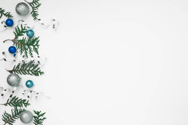 istock Thuja branches, spruce and New Year's decor. Copy space, flat lay, mock up, top view. 1284823476