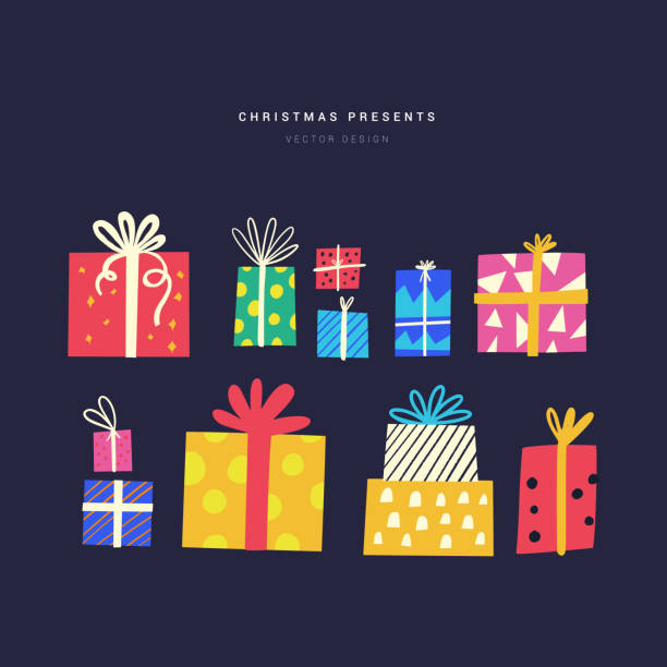 Xmas time presents flat vector illustrations set Xmas time presents flat vector illustrations set. Christmas gifts minimalist cartoon doodles pack isolated on black background. Birthday presents, colorful containers with ribbons and bows drawing of pink and black polka dot wallpaper stock illustrations