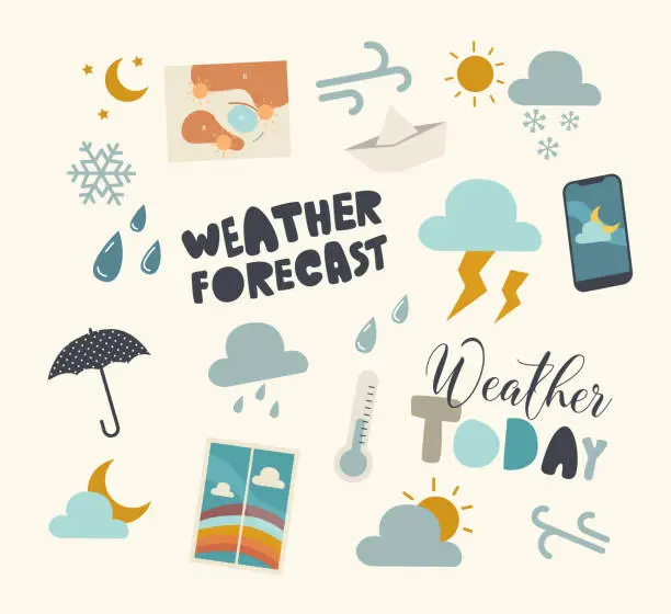 Vector illustration of Set of Icons Weather Forecast, Meteorology Report Theme. Umbrella, Cloud with Snow and Rain Drops, Thermometer, Window