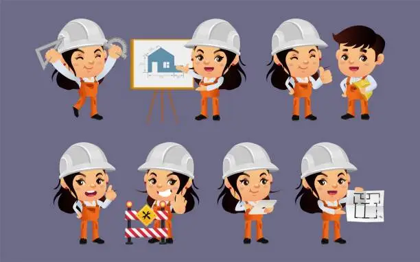 Vector illustration of Set of worker with different poses