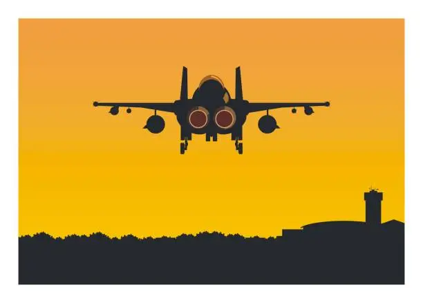 Vector illustration of Double tail fighter jet plane flying over the airport