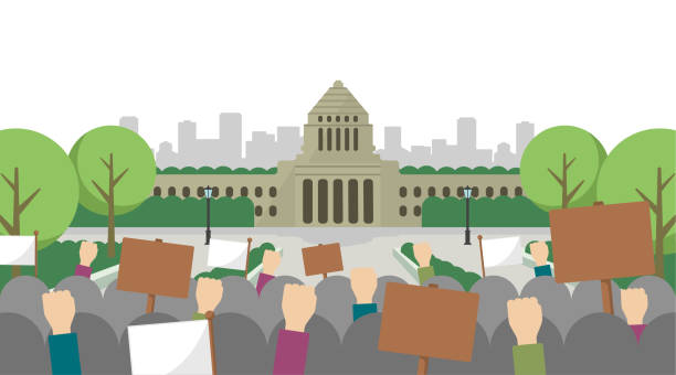 istock Japanese parliament building and people demonstrating vector banner illustration (no text) 1284834016