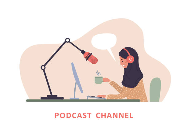 illustrations, cliparts, dessins animés et icônes de concept de podcast. femme islamique dans des écouteurs à la diffusion audio d’enregistrement de table. - woman taking radio vintage