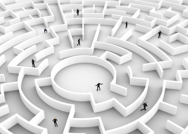 Business people competition - finding a solution of the maze., one winner. Business people competition - finding a solution of the maze., one winner. Concepts of rat race, success, challenge etc. 3D illustration rat race stock pictures, royalty-free photos & images