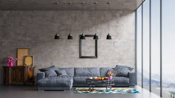 istock Modern interior design on a background of a concrete wall and floor with reflection. 1284837330