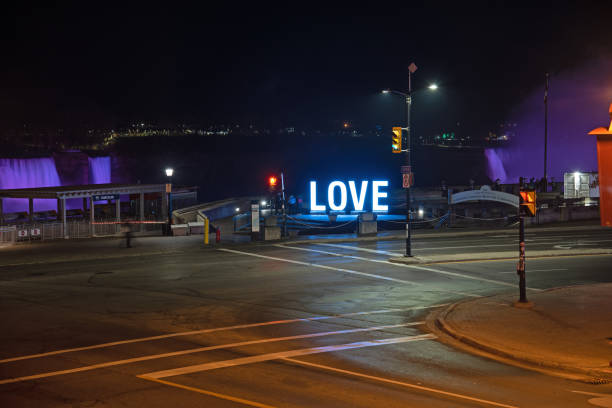 Holiday light display along Niagara Falls, Ontario, Canada.  Installation of words JOY, LOVE and PLAY.