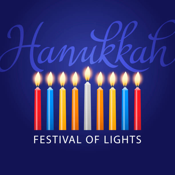 Hanukkah Festival of Lights Celebrate the Jewish holiday Hanukkah known as the Festival of Light with Menorah candles light up on the blue background with Hanukkah lettering hanukkah candles stock illustrations