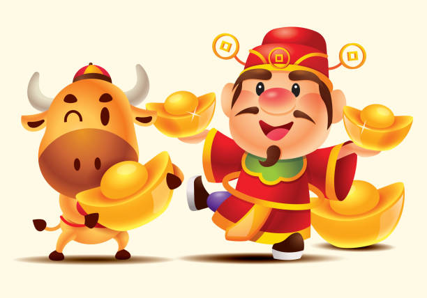 ilustraciones, imágenes clip art, dibujos animados e iconos de stock de cartoon lindo dios de la riqueza (caishen) y vaca linda sosteniendo grandes lingotes de oro. - greeting chinese new year god coin