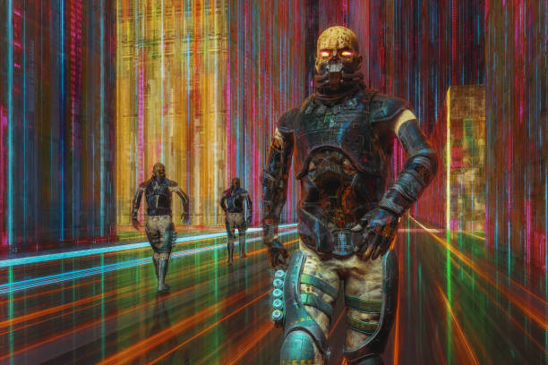 istock Spooky cyborgs walking in futuristic city 1284842710