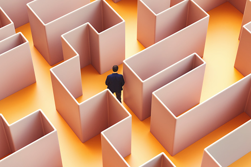 Businessman lost in maze, 3D generated image.
