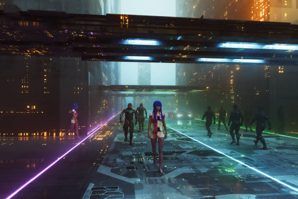 istock Spooky cyborgs walking in futuristic city 1284843341
