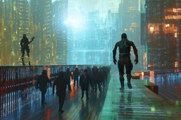 istock Spooky cyborgs walking in futuristic city 1284843354