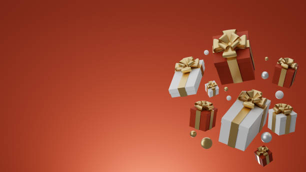 istock 3D : Christmas and New Year greeting, banner with red gift boxes presents - 3D rendering. 1284845227