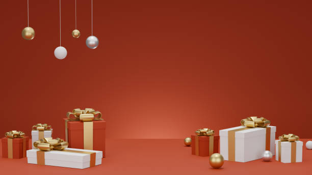 istock 3D : Christmas and New Year greeting, banner with red gift boxes presents - 3D rendering. 1284845251