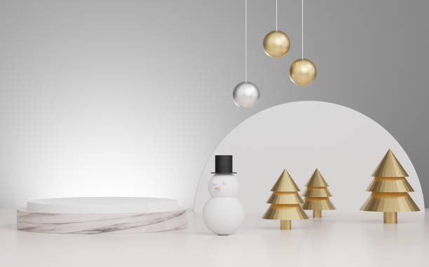 istock 3d rendered studio mock up christmas background for product presentation,  with christmas tree, snow man and decoration. 1284845261