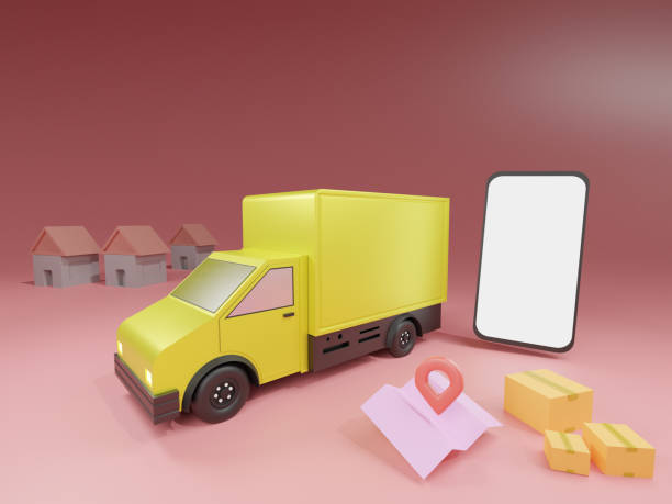 istock Online delivery service app concept, Delivery van and mobile phone with map. 3D rendering 1284845810