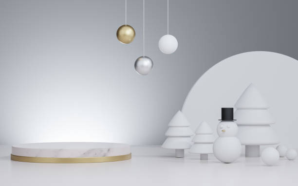 istock 3d rendered studio mock up christmas background for product presentation, with christmas tree and snow man and decoration. 1284845874