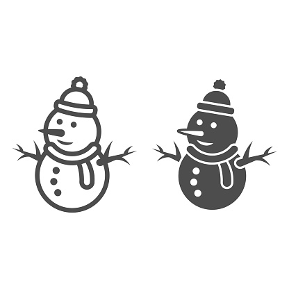 Snowman line and solid icon, World snow day concept, Snow Man sign on white background, Snowy snowman in hat and scarf icon in outline style for mobile concept and web design. Vector graphics